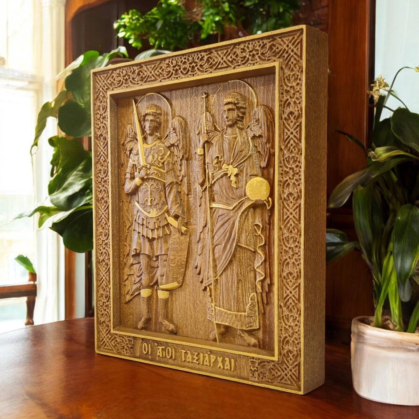 Archangels Michael and Gabriel Wooden Carved Handcrafted Christian Religious Icon. Byzantine Home Wall Art Decor Gift. Orthodox Greek Woodcarving Sculpture.
