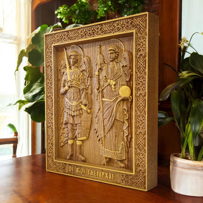Archangels Michael and Gabriel Wooden Carved Handcrafted Christian Religious Icon. Byzantine Home Wall Art Decor Gift. Orthodox Greek Woodcarving Sculpture.