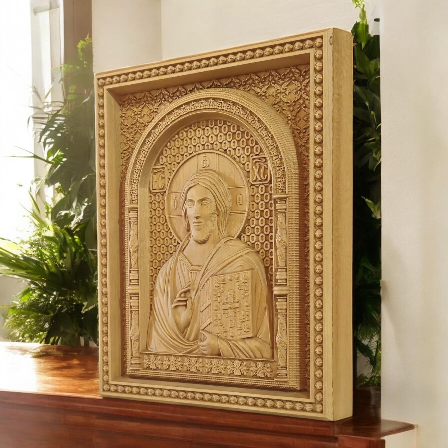 Christ Pantocrator of Sinai Wooden Carved Handcrafted Christian Religious Icon. Byzantine Home Wall Art Decor Gift. Orthodox Greek Woodcarving Sculpture.