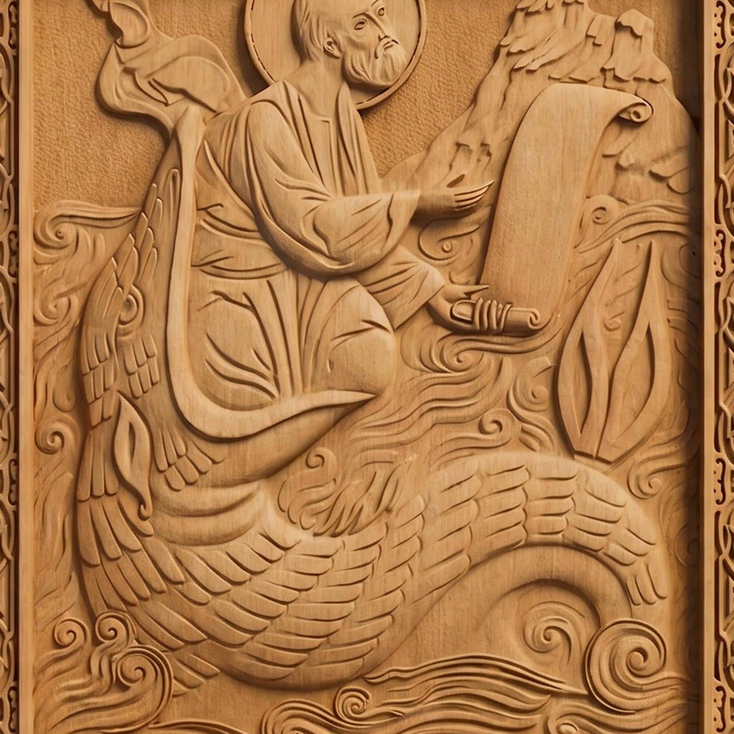 Prophet Jonah Wooden Carved Handmade Christian Icon. Byzantine Greek Orthodox Home Decor.