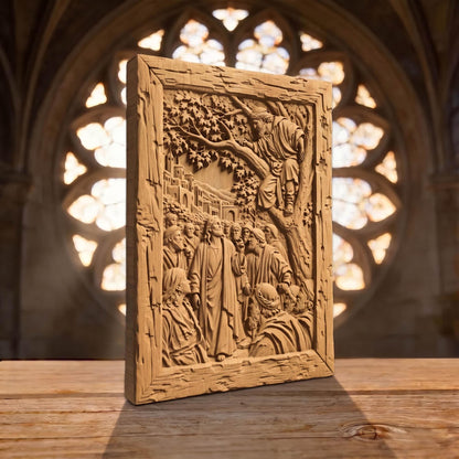 Jesus Talking to Zacchaeus on a Tree Wooden Carved Handmade Christian Icon  Byzantine Greek Orthodox Home Decor Cretan Holy Carvings