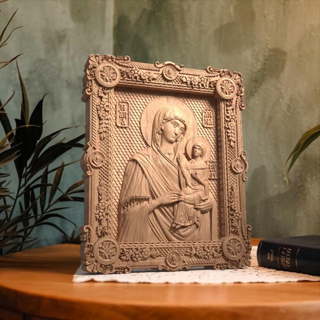 Saint Anne Mother of God Wooden Carved Handcrafted Christian Religious Icon. Byzantine Home Wall Art Decor Gift. Orthodox Greek Woodcarving Sculpture.