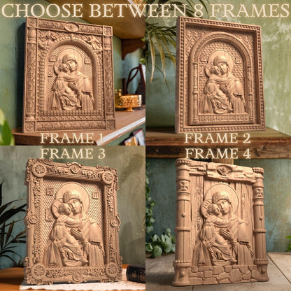 Virgin Mary Mother of God Wooden Carved Handcrafted Christian Religious Icon. Byzantine Home Wall Art Decor Gift. Orthodox Greek Woodcarving Sculpture.