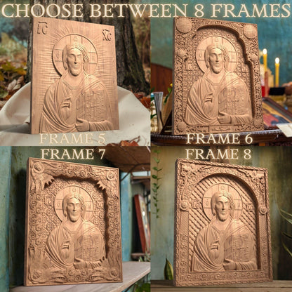 Christ Pantocrator of Sinai Wooden Carved Handcrafted Christian Religious Icon. Byzantine Home Wall Art Decor Gift. Orthodox Greek Woodcarving Sculpture.