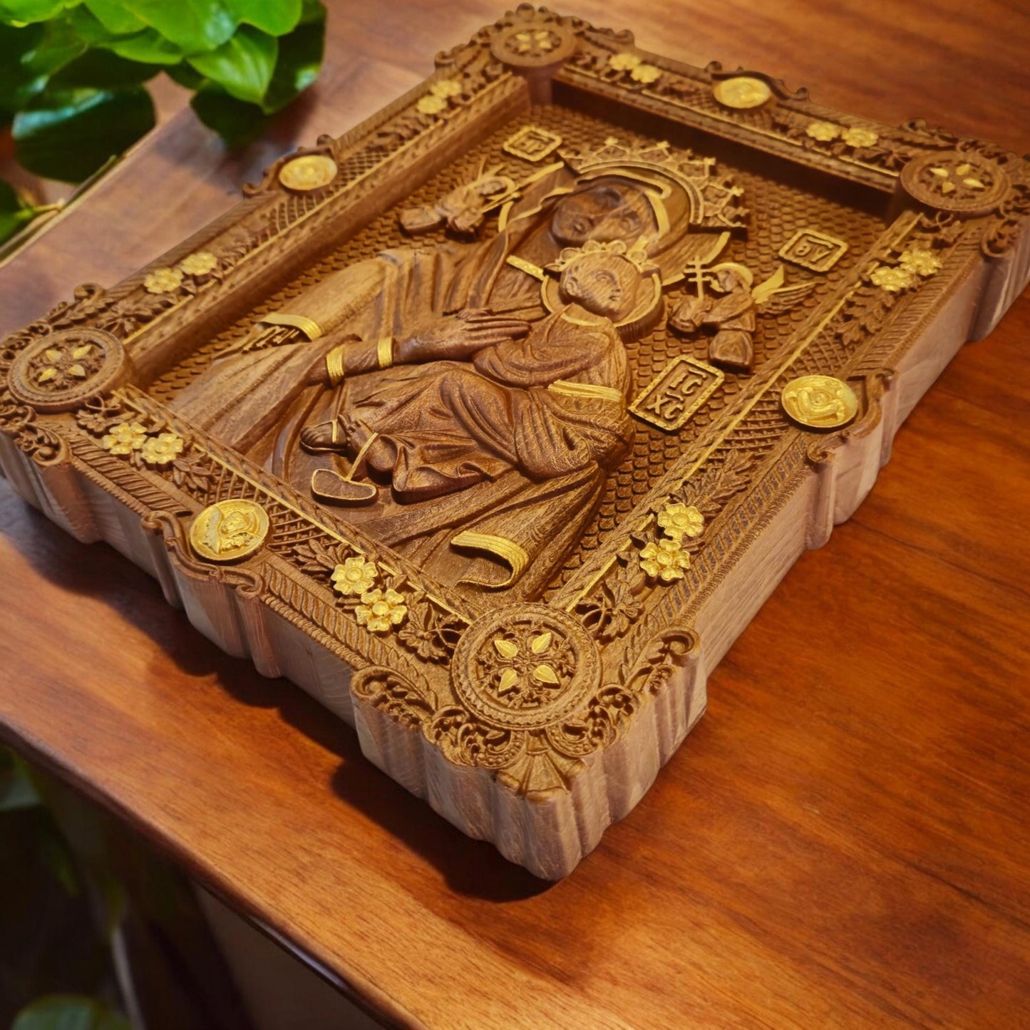 Virgin Mary of Perpetual Help Wooden Carved Handmade Christian Icon. Byzantine Greek Orthodox Decor.