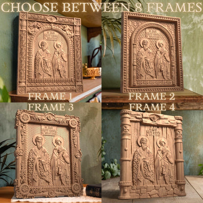 Saints Cyprian and Justina Wooden Carved Handcrafted Christian Religious Icon. Byzantine Home Wall Art Decor Gift. Orthodox Greek Woodcarving Sculpture.