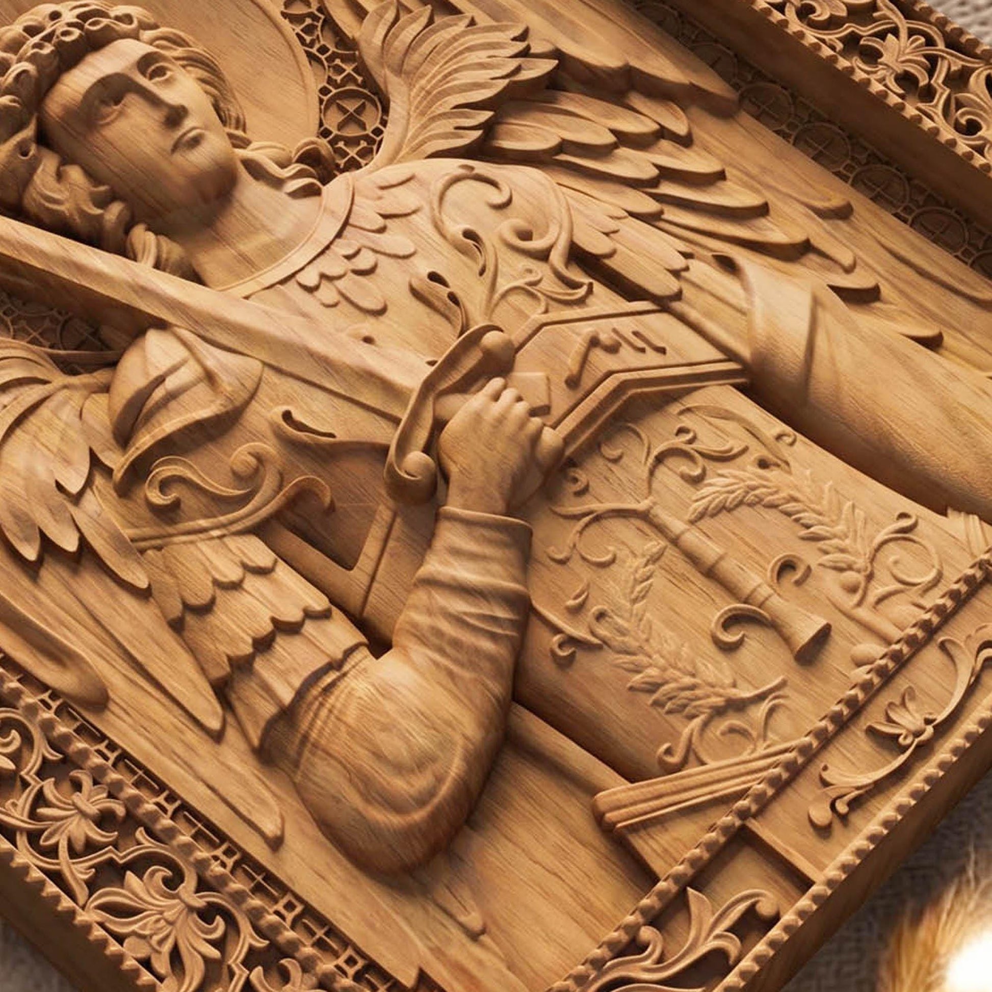 Αrchangel Michael Wooden Carved Handmade Christian Icon Flat Side Natural Wood Color Cretan Holy Carvings
