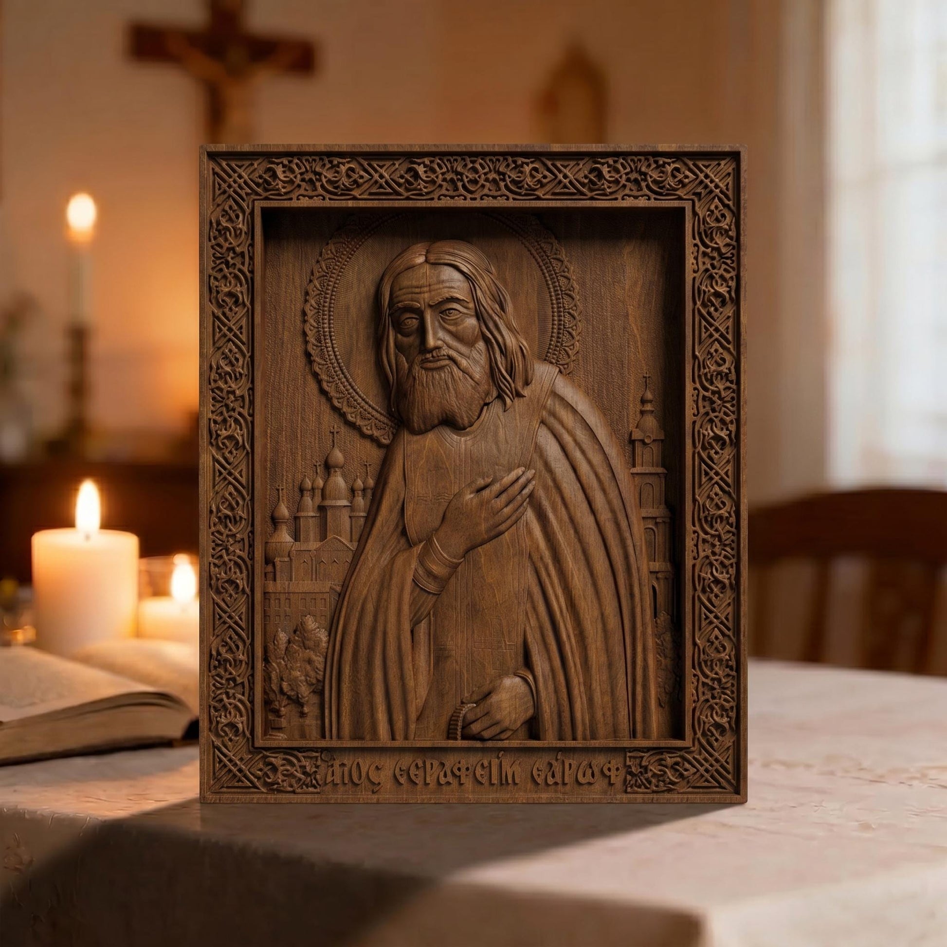 Saint Seraphim of Sarov Wooden Carved Handmade Christian Icon Front Side Brown Oak Cretan Holy Carvings