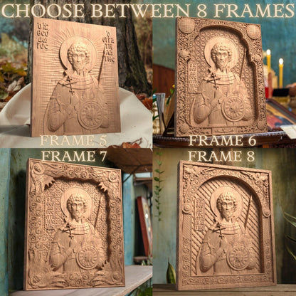 Saint Theodore Stratelates Wooden Carved Handcrafted Christian Religious Icon. Byzantine Home Wall Art Decor Gift. Orthodox Greek Woodcarving Sculpture.