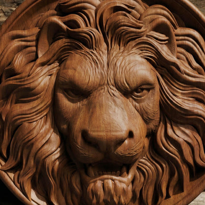 Lion Head in Plate Framed Bas Relief | Wooden Lion Carving | Sculptural Gift Idea