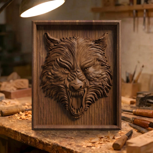 Wolf Beast Bas Relief | Wooden Wolf Carving | Sculptural Gift Idea