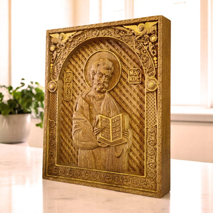 Mark the Evangelist Wooden Carved Handcrafted Christian Religious Icon. Byzantine Home Wall Art Decor Gift. Orthodox Greek Woodcarving Sculpture.