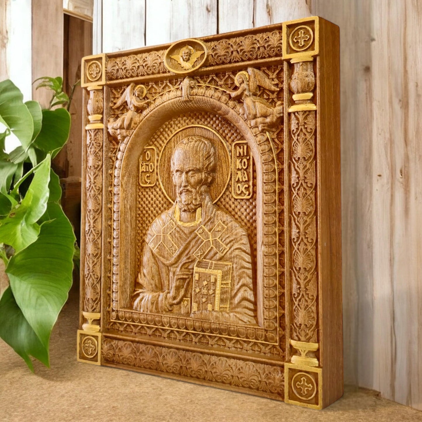 Saint Nicholas Wooden Carved Handcrafted Christian Religious Icon. Byzantine Home Wall Art Decor Gift. Orthodox Greek Woodcarving Sculpture.