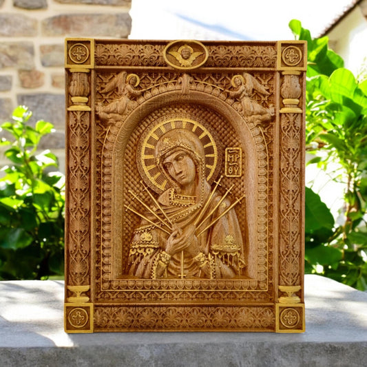 Virgin Mary of the Seven Swords Wooden Carved Handcrafted Christian Religious Icon. Byzantine Home Wall Art Decor Gift. Orthodox Greek Woodcarving Sculpture.