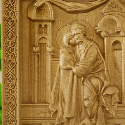Saints Joachim and Anne Wooden Carved Handcrafted Christian Religious Icon. Byzantine Home Wall Art Decor Gift. Orthodox Greek Woodcarving Sculpture.