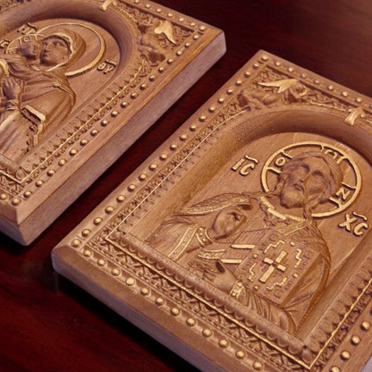Christ and Mother of God Set Two Wooden Carved Handmade Christian Icons | Byzantine Greek Orthodox Home Art Decor
