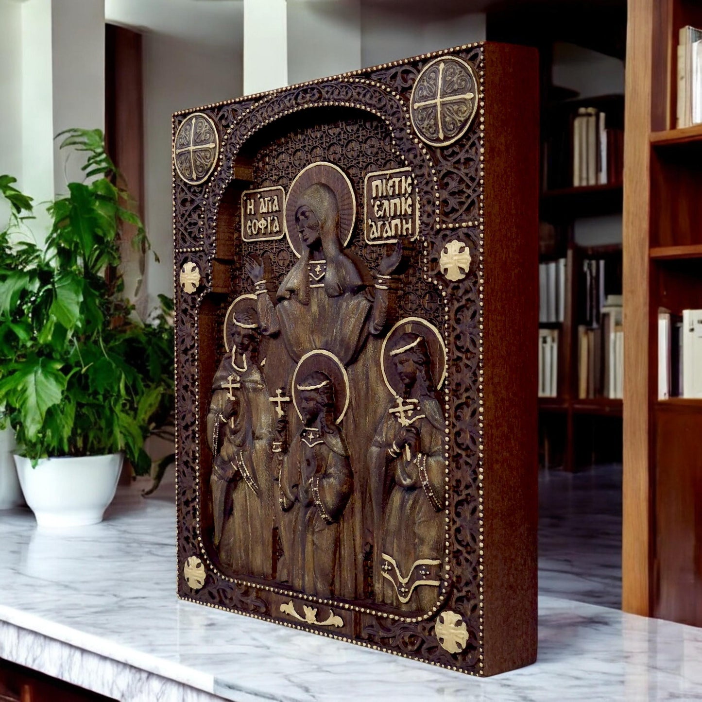Saints Sophia Faith Hope Love Wooden Carved Handmade Christian Icon. Byzantine Greek Orthodox Decor.