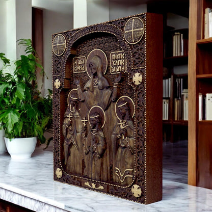 Saints Sophia Faith Hope Love Wooden Carved Handmade Christian Icon. Byzantine Greek Orthodox Decor.