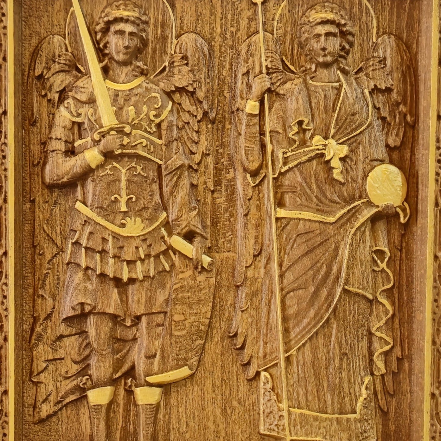 Archangels Michael and Gabriel Wooden Carved Handcrafted Christian Religious Icon. Byzantine Home Wall Art Decor Gift. Orthodox Greek Woodcarving Sculpture.