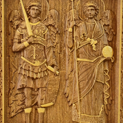 Archangels Michael and Gabriel Wooden Carved Handcrafted Christian Religious Icon. Byzantine Home Wall Art Decor Gift. Orthodox Greek Woodcarving Sculpture.