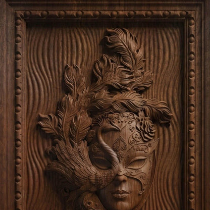 Masked Girl Wooden Bas Relief | Wood Panel Art | Sculptural Gift Idea