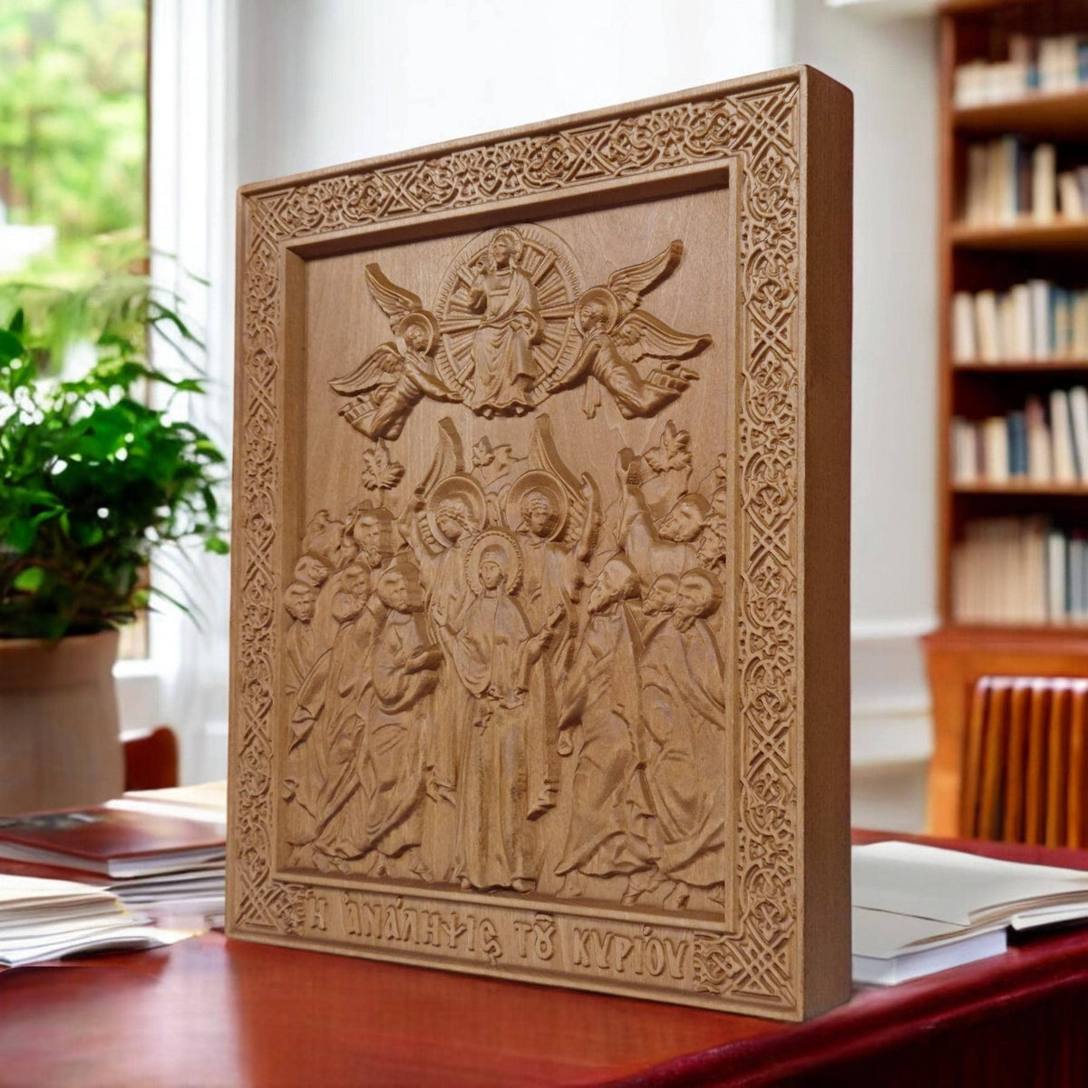 Ascension of Jesus Wooden Carved Handmade Christian Icon. Byzantine Greek Orthodox Home Art Decor.