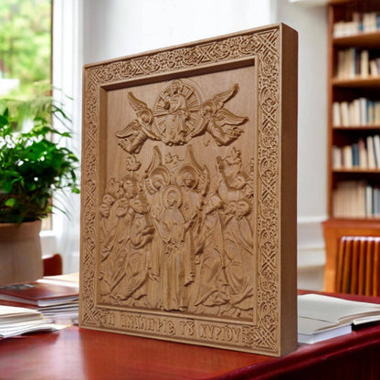 Ascension of Jesus Wooden Carved Handmade Christian Icon. Byzantine Greek Orthodox Home Art Decor.