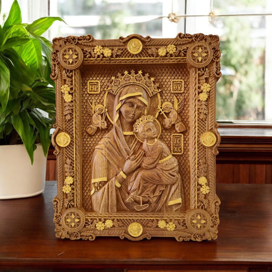 Virgin Mary of Perpetual Help Wooden Carved Handcrafted Christian Religious Icon. Byzantine Home Wall Art Decor Gift. Orthodox Greek Woodcarving Sculpture.