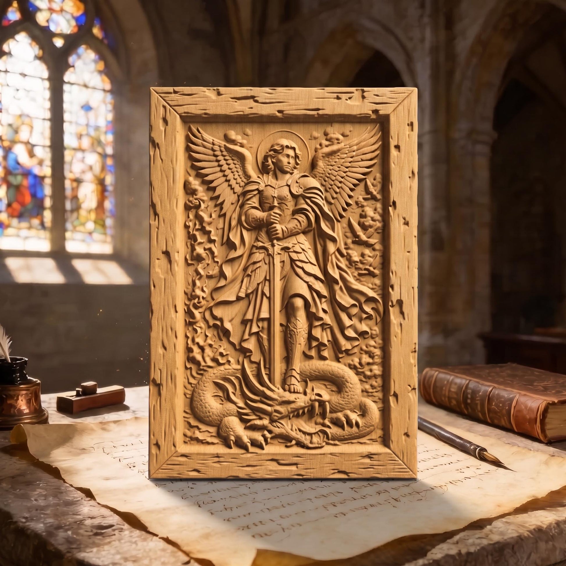 Archangel Michael Wooden Carved Handmade Christian Icon  Byzantine Greek Orthodox Home Decor Cretan Holy Carvings