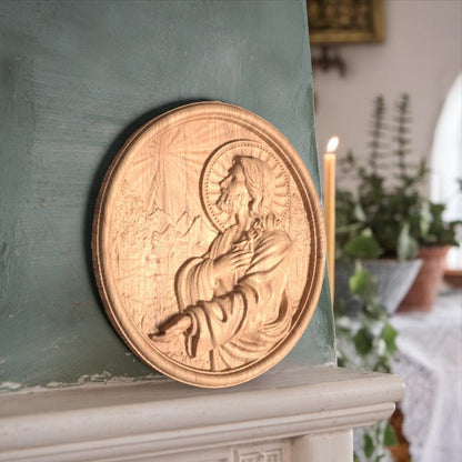 Jesus Christ Praying Plate Wooden Carved Handcrafted Christian Religious Icon. Byzantine Home Wall Art Decor Gift. Orthodox Greek Woodcarving Sculpture.