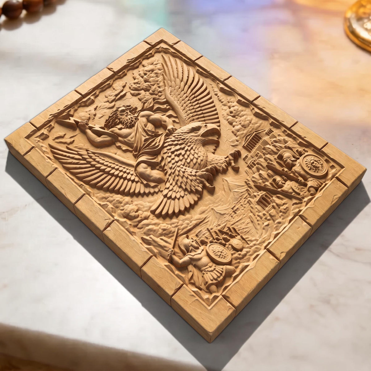 Zeus Riding His Eagle 3D Wooden Bas Relief Panel Art Sculptural Gift Idea Cretan Holy Carvings