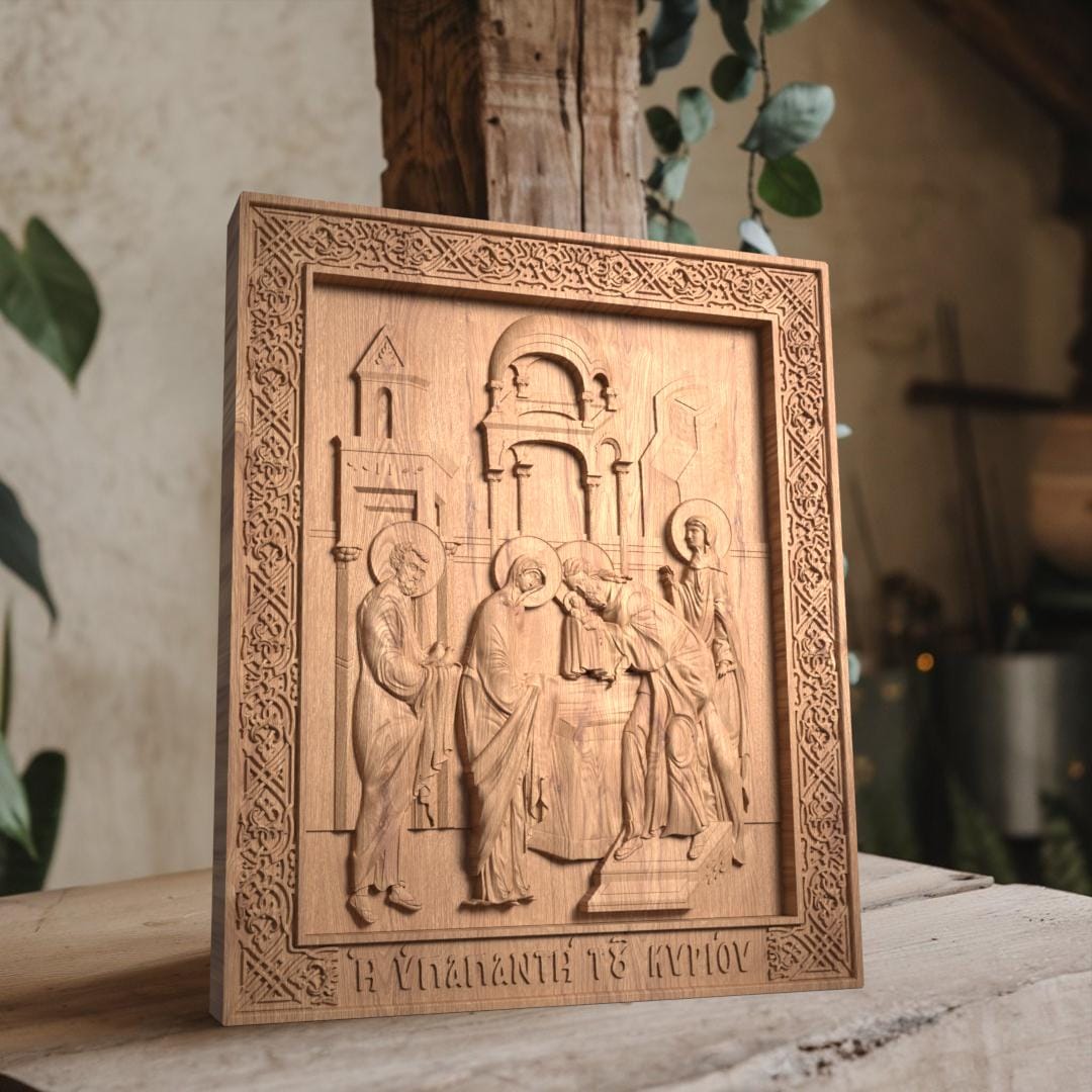 Candlemas of Jesus Wooden Carved Handcrafted Christian Religious Icon. Byzantine Home Wall Art Decor Gift. Orthodox Greek Woodcarving Sculpture.