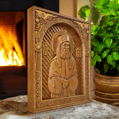 Saint Paisios of Mount Athos Wooden Carved Handcrafted Christian Religious Icon. Byzantine Home Wall Art Decor Gift. Orthodox Greek Woodcarving Sculpture.
