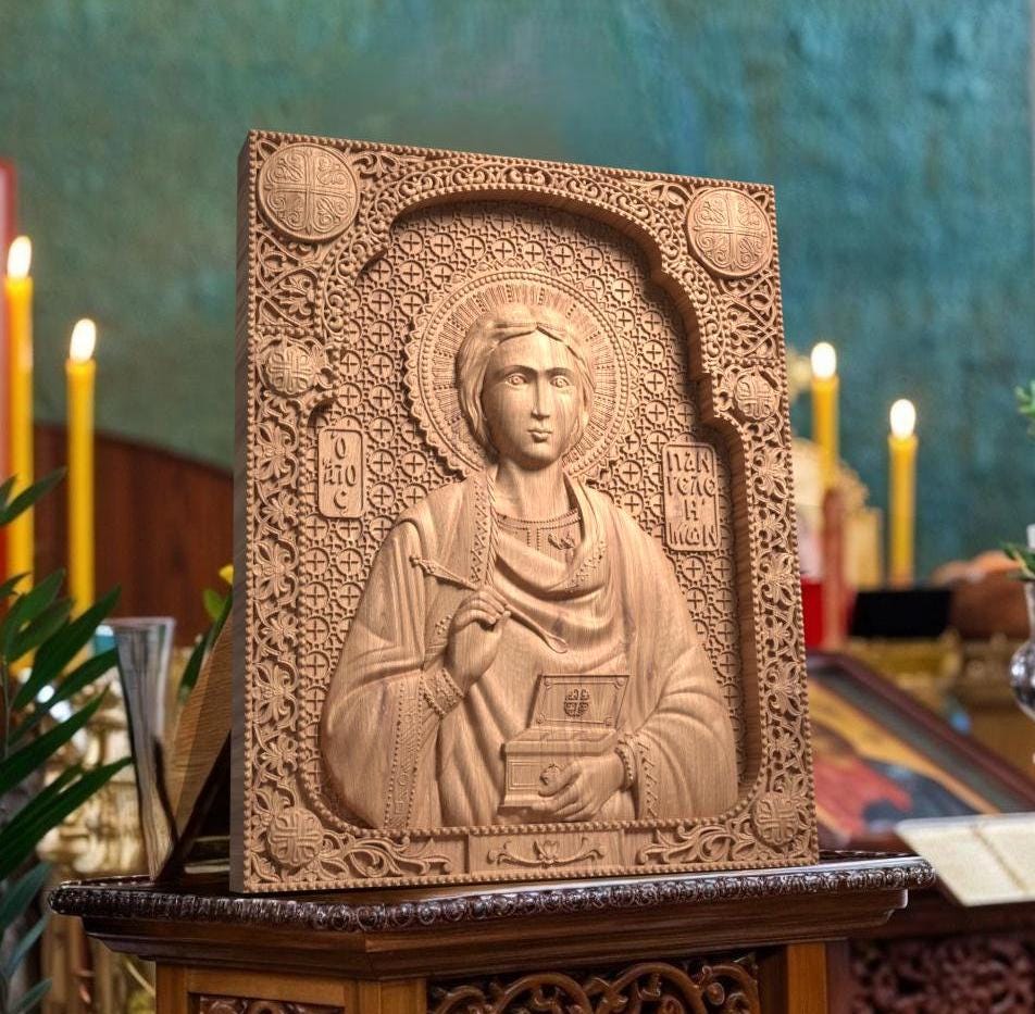 Saint Pantaleon Wooden Carved Handcrafted Christian Religious Icon. Byzantine Home Wall Art Decor Gift. Orthodox Greek Woodcarving Sculpture.