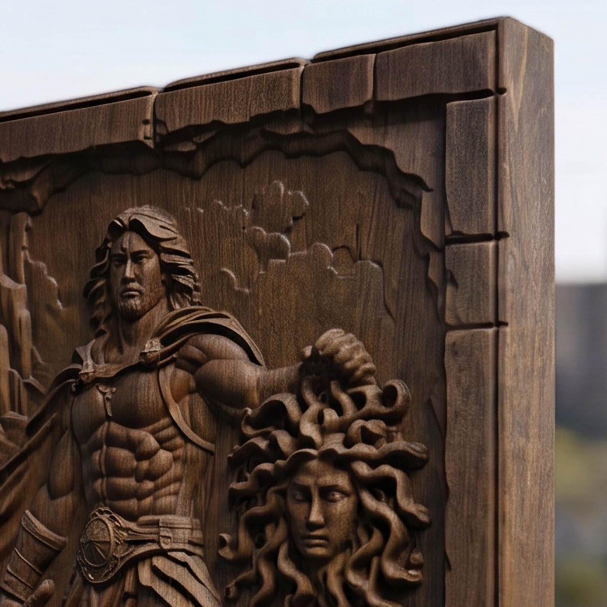 Perseus Cut Medusa's Head from Ancient Greek Mythology 3D Wooden Bas Relief Panel Art Sculptural Gift Idea Cretan Holy Carvings