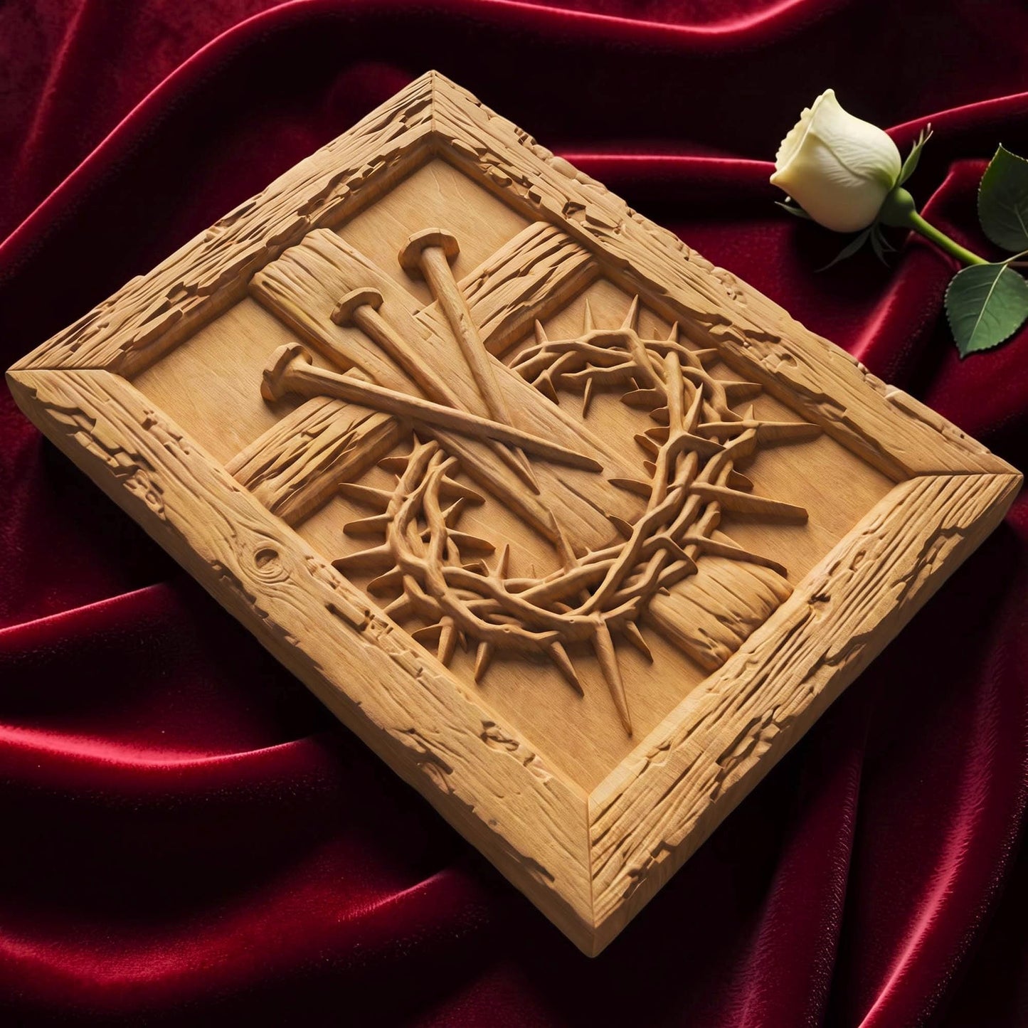 The Cross, Nails and Crown of Thorns Wooden Carved Handmade Christian Icon  Byzantine Greek Orthodox Home Decor Cretan Holy Carvings
