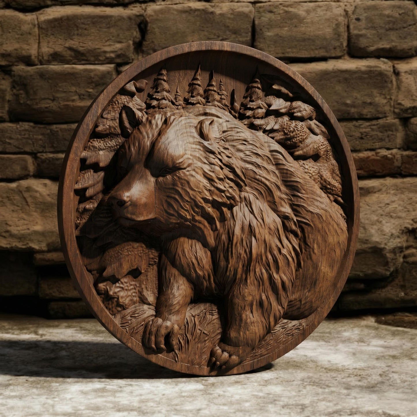 Bear in Plate Framed Bas Relief | Wooden Bear Carving | Sculptural Gift Idea