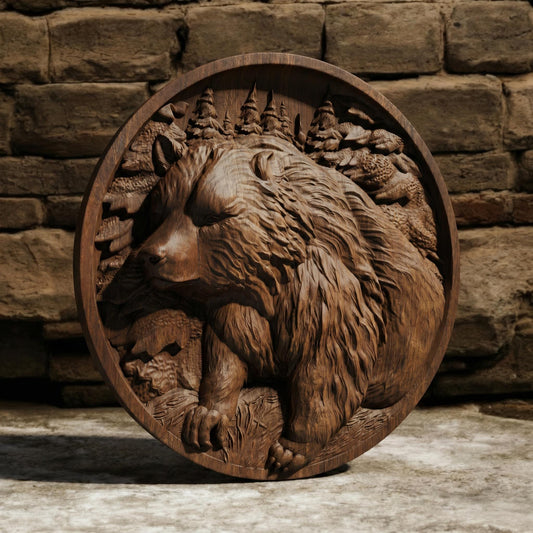 Bear in Plate Framed Bas Relief | Wooden Bear Carving | Sculptural Gift Idea