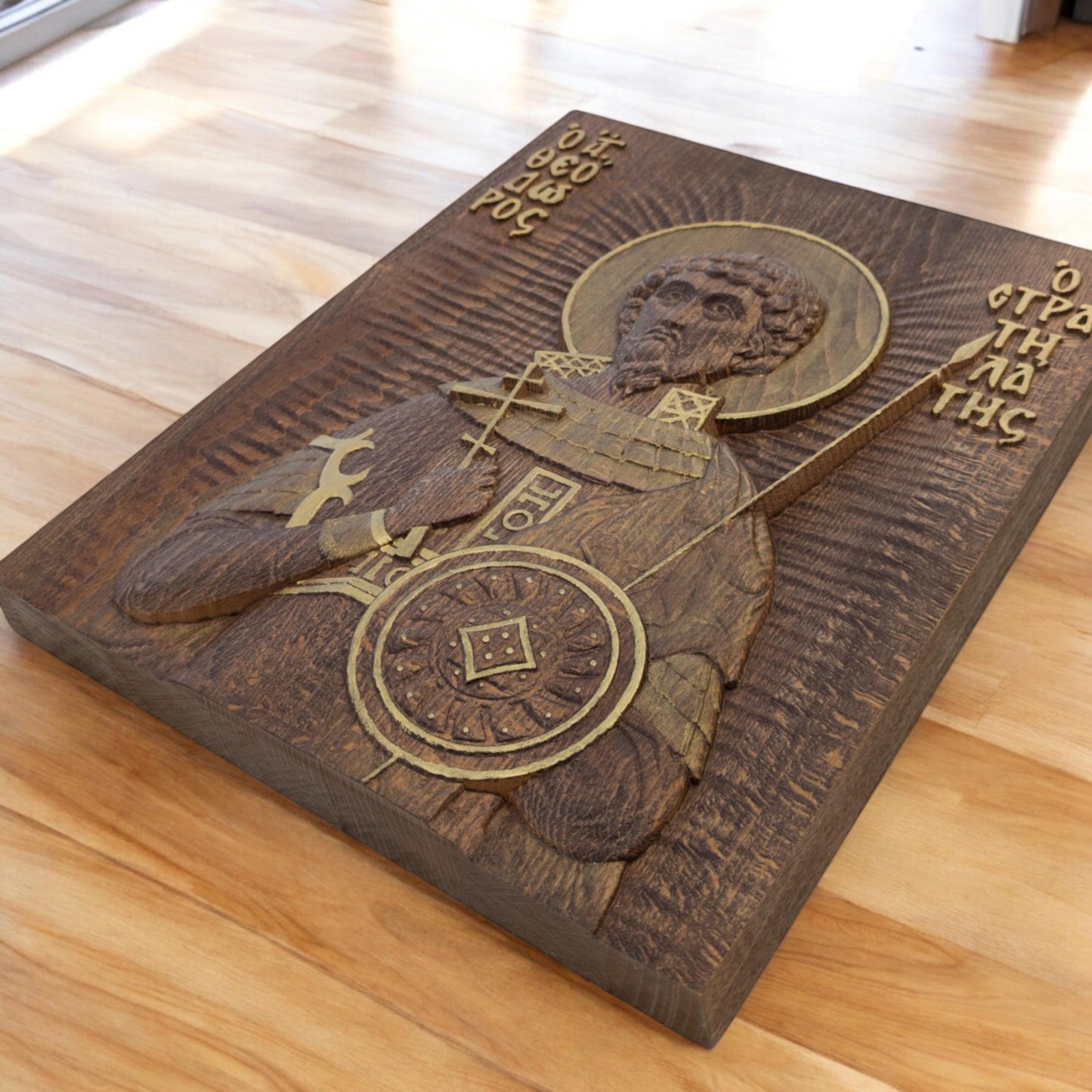 Saint Theodore Stratelates Wooden Carved Handcrafted Christian Religious Icon. Byzantine Home Wall Art Decor Gift. Orthodox Greek Woodcarving Sculpture.