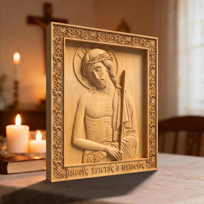 Jesus Christ Bridegroom Wooden Carved Handmade Christian Icon Left Side Natural Wood Color Cretan Holy Carvings