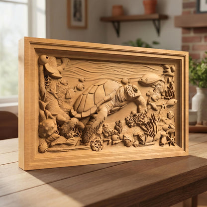 Sea Turtle Framed Bas Relief | Wooden Turtle Carving | Sculptural Gift Idea
