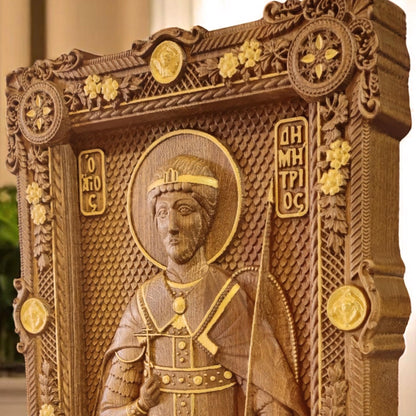 Saint Demetrius of Thessaloniki Wooden Carved Handcrafted Christian Religious Icon. Byzantine Home Wall Art Decor Gift. Orthodox Greek Woodcarving Sculpture.
