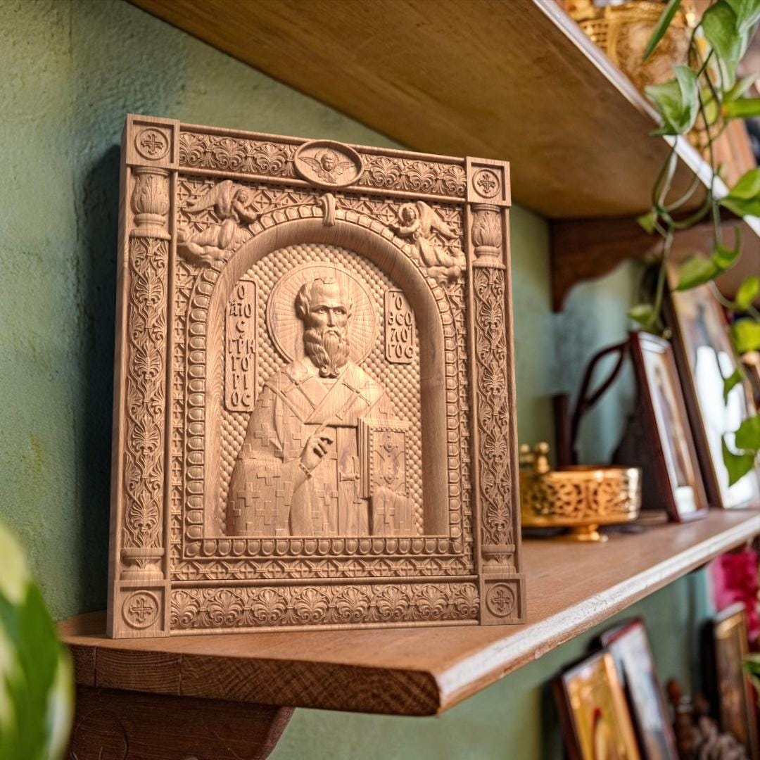 Saint Gregory the Theologian Wooden Carved Handcrafted Christian Religious Icon. Byzantine Home Wall Art Decor Gift. Orthodox Greek Woodcarving Sculpture.