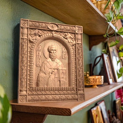 Saint Gregory the Theologian Wooden Carved Handcrafted Christian Religious Icon. Byzantine Home Wall Art Decor Gift. Orthodox Greek Woodcarving Sculpture.