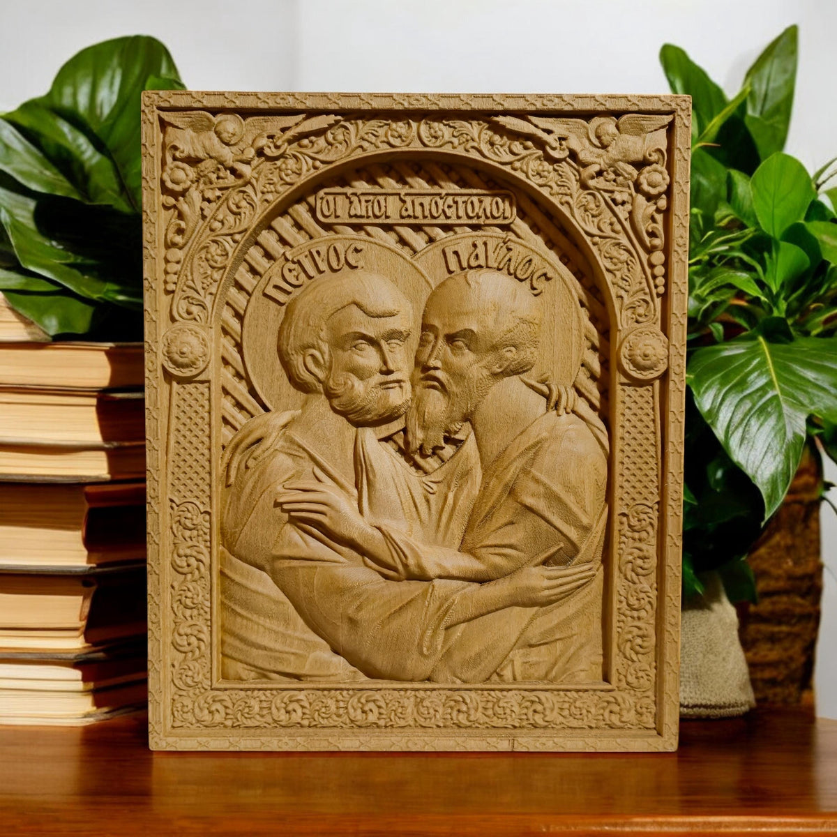 Αpostles Peter and Paul Wooden Carved Handmade Christian Icon. Byzantine Greek Orthodox Home Art Decor.