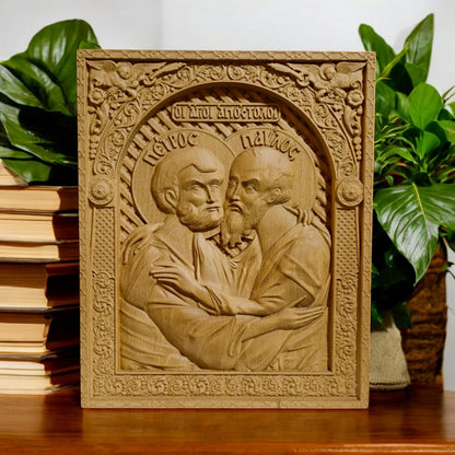 Αpostles Peter and Paul Wooden Carved Handmade Christian Icon. Byzantine Greek Orthodox Home Art Decor.