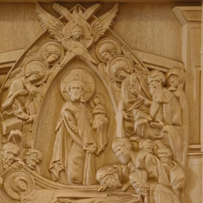 Dormition of the Mother of God Wooden Carved Handcrafted Christian Religious Icon. Byzantine Home Wall Art Decor Gift. Orthodox Greek Woodcarving Sculpture.