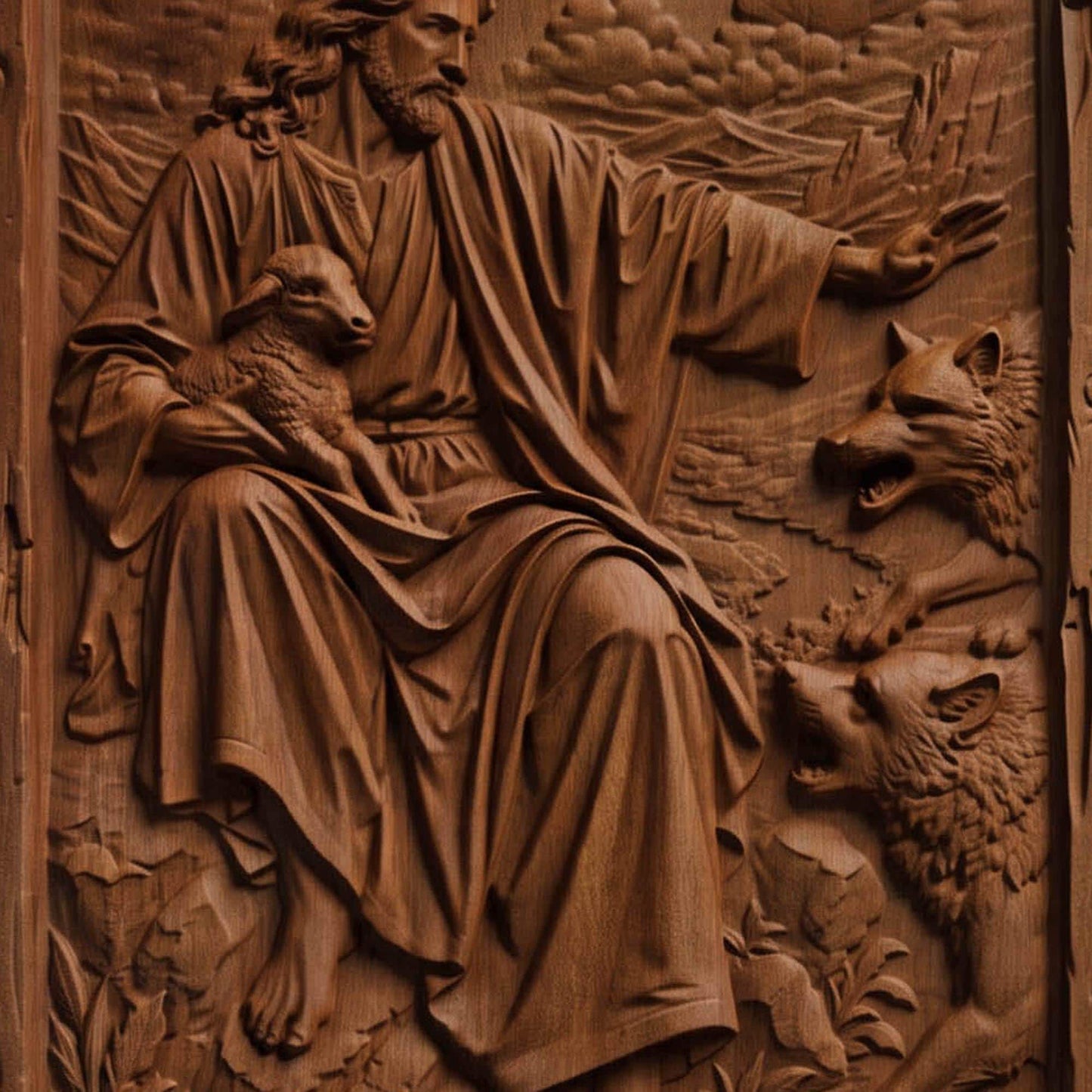 Jesus Christ Protecting Us Against the Wolves Wooden Carved Handmade Christian Icon  Byzantine Greek Orthodox Home Decor Cretan Holy Carvings
