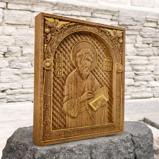 Matthew the Evangelist Wooden Carved Handcrafted Christian Religious Icon. Byzantine Home Wall Art Decor Gift. Orthodox Greek Woodcarving Sculpture.