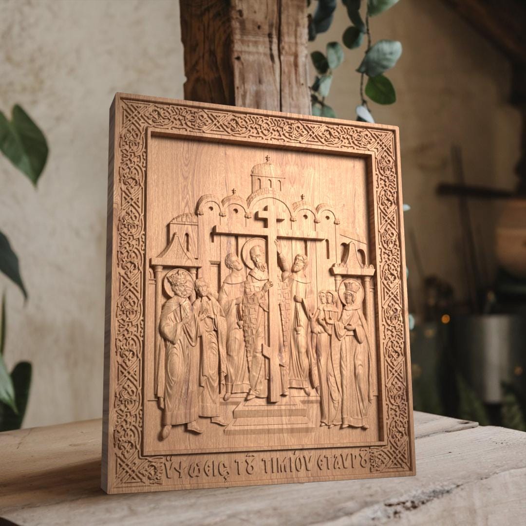 The Elevation of the Holy Cross Wooden Carved Handcrafted Christian Religious Icon. Byzantine Home Wall Art Decor Gift. Orthodox Greek Woodcarving Sculpture.